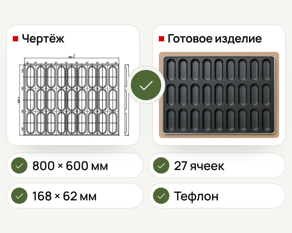 Чертёж изделия и готовый противень: размеры и ячейки совпадают